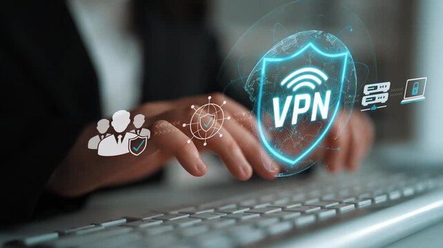 Hands Typing on Keyboard with VPN Shield Icon and Digital Connection Illustration Expanding on Cybersecurity and Online Privacy Concepts Sigmoid