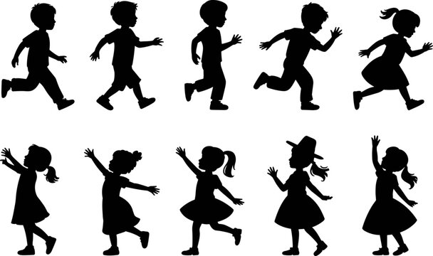 Silhouettes of children running and playing on a white background vector illustration