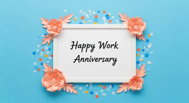 Happy work anniversary card with flowers and confetti