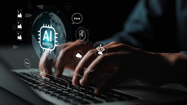 Hands Typing on Laptop with Futuristic AI Agents Concept and Digital Icons Representation in Dark Background Gluon.