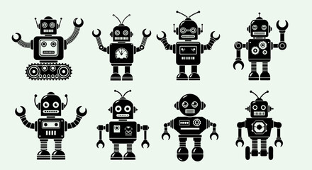 Obraz premium Set of eight retro robot icons, black silhouettes on light green background
