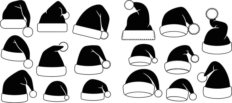 Variety of black Santa hats with white trim and pom poms in different designs Keywords: Santa hat, Christmas hat, holiday, festive, winter