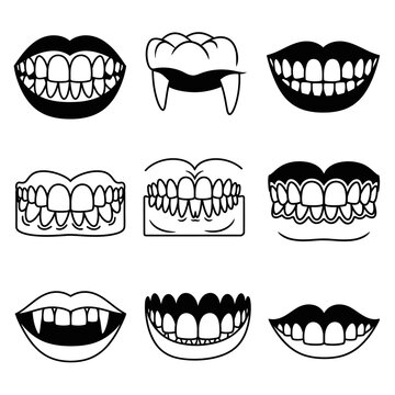 Set of cartoon vampire fangs and teeth illustrations in black and white