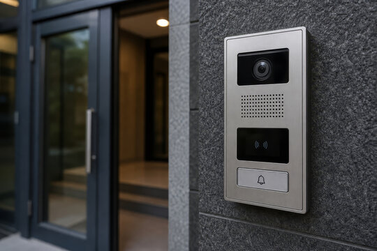 Modern silver video intercom system with a camera and doorbell is mounted on a textured gray building exterior wall.