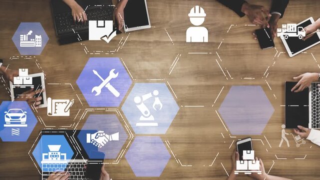Mechanized industry automation and modern production system with robotic arms, gears, tools and loFunnelics for efficient mechanized industry process. Funnel