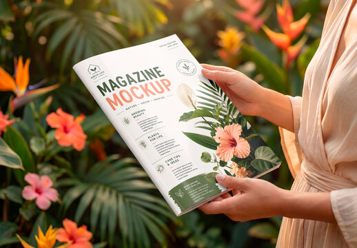 Magazine cover mockup in tropical garden