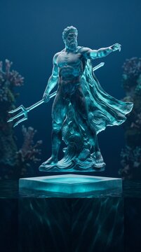 Celestial Abyssal Ocean Crystal Poseidon God of the Sea Of Aegea Levitating Above Sunken Pedestal