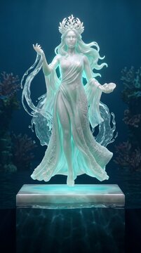 Celestial Pearlescent Sea Glass Crystal Amphitrite Queen of the Sea of Aegea Levitating Above Sunken Pedestal