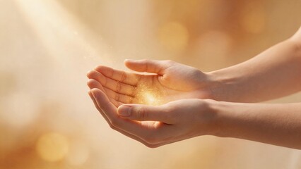 Fototapeta premium Close up of female hands cupped together holding glowing golden magical light particles, spiritual energy, healing power, hope, miracle, divine blessing and positive vibes concept