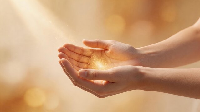 Close up of female hands cupped together holding glowing golden magical light particles, spiritual energy, healing power, hope, miracle, divine blessing and positive vibes concept
