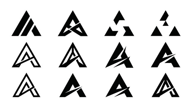 A collection of twelve distinct abstract letter A logos and triangular designs in black and white, showcasing various modern geometric styles.