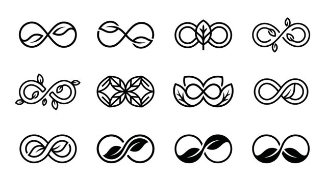 A grid of twelve black and white logos featuring infinity symbols intertwined with leaves and natural elements, representing sustainability and eco-friendly concepts.