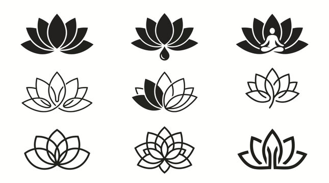 A collection of nine stylized lotus flower logos and icons in black and white, depicting various designs for meditation, yoga, and wellness themes.