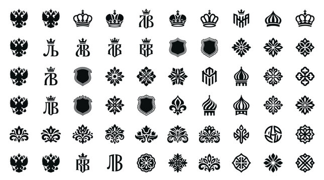 A collection of black and white vector icons featuring crowns, double-headed eagles, monograms, shields, and ornate decorative elements, suitable for heraldry and design.