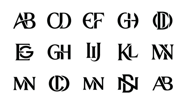 A collection of stylized two-letter monograms and initial combinations, showcasing various typographic designs and elegant letter pairings.