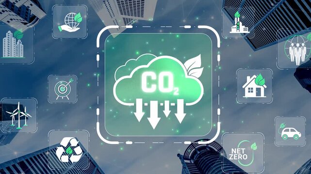 Conceptual design showing CO2 reduction with green technology icons above urban skyscrapers representing sustainability and climate action initiatives for a better future. Sigmoid