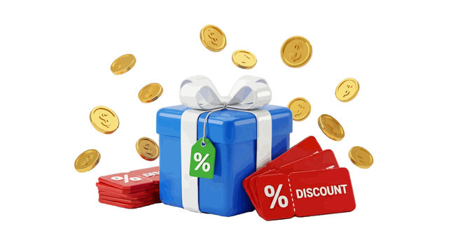 Vector illustration of 3d rendering of a blue gift box with discount tags and floating gold coins on a transparent background