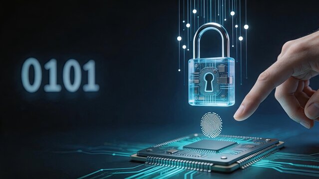 Digital cybersecurity lock with fingerprint scanning, data protection concept, biometric authentication on computer chip, secure technology and privacy encryption background