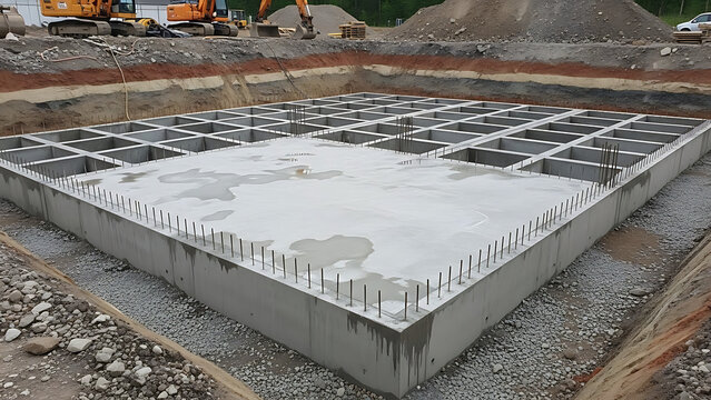 Solid monolithic reinforced concrete foundation slab and grillage for industrial residential building construction site infrastructure ground work architectural engineering development