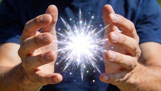Human hands holding bright magical light energy, fantasy power concept, glowing sparkles between palms, supernatural force, creative imagination and spiritual healing visual