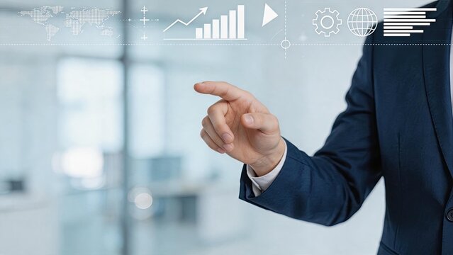 Businessman hand touching virtual interface, corporate executive analyzing data charts, financial growth graph, global market strategy, modern office background, management