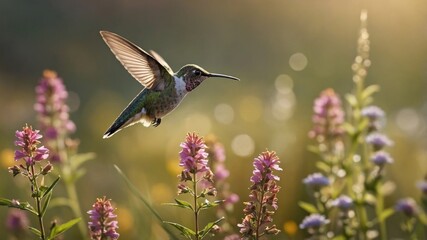 Fototapeta premium Hummingbird hovering gracefully over vibrant wildflowers in a sunlit meadow during springtime
