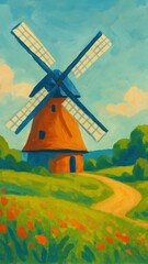 Fototapeta premium Idyllic windmill landscape painting