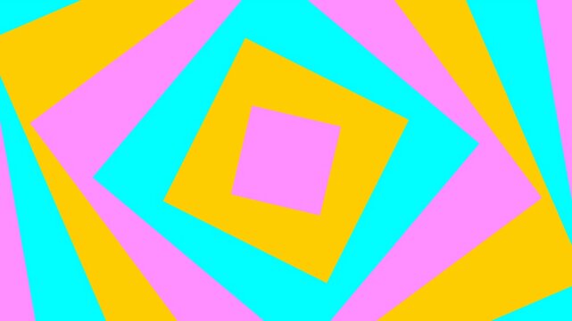 Vibrant video background with a geometric tunnel of rotating colorful squares. Seamless VJ loop and minimalist background with a kaleidoscope effect for presentations, intros, and editing.