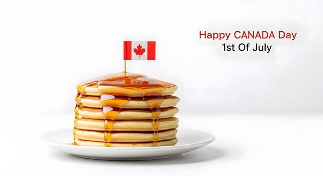 Canada day pancake stack with maple syrup and flag
