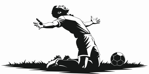 Soccer Player Celebration Silhouette Vector Illustration, Soccer Athlete Victory Pose with Ball Silhouette. © kjyong