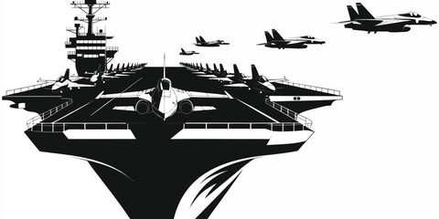 Military Aircraft Carrier with Fighter Jets Vector Illustration, Aircraft Carrier Warship with Fighter Planes Silhouette Vector, Naval Military Fleet Aircraft Carrier Illustration. © kjyong