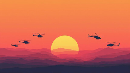 Obraz premium Helicopter silhouettes on sunset background