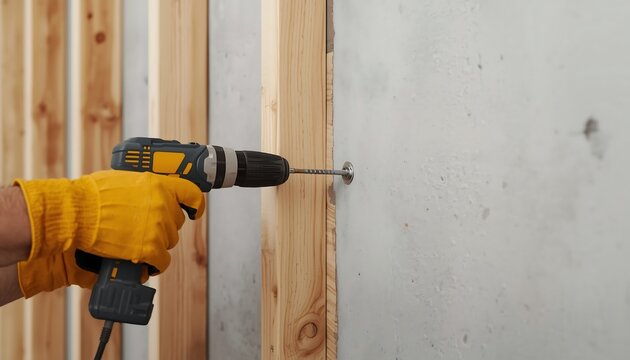 Construction worker using a power drill to fasten a wooden stud to a concrete wall