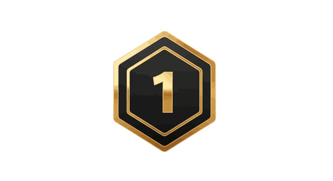 Gold number 1 badge with black hexagon and golden border on white background
