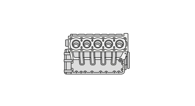 Inline Six Cylinder Engine Block - Technical Drawing Illustration