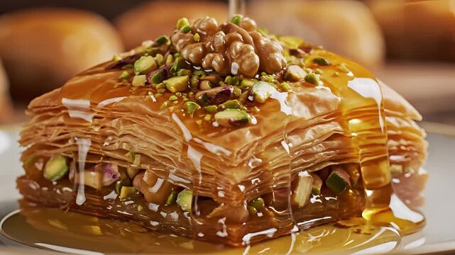 Delicious Honey Drizzled Baklava Dessert with Nuts and Pistachios.