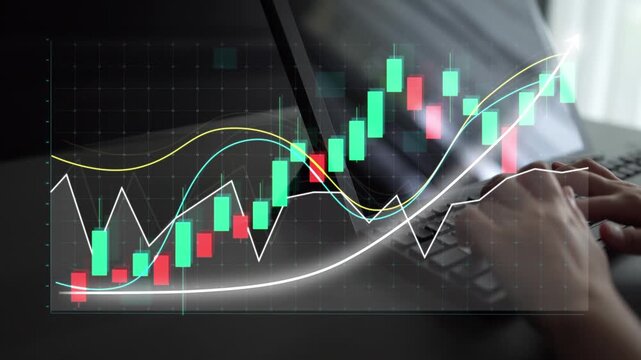 Captivating image showing hands typing on a laptop with vibrant candlestick charts overlaid, illustrating stock market trends and financial analysis insights. Copula