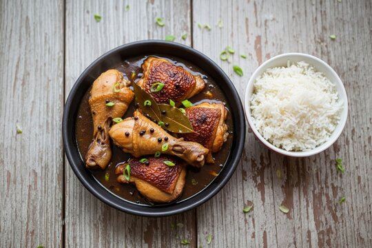 Chicken adobo with rice in bowl food