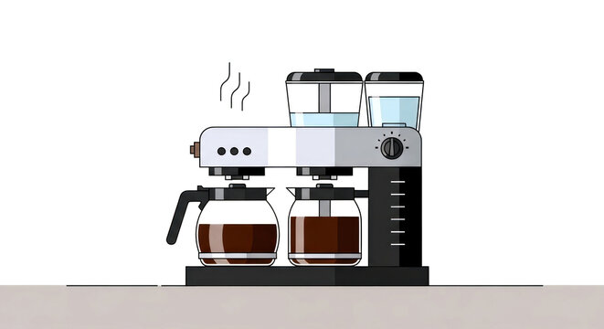 A coffee maker with two glass pots sits on a countertop indoors.