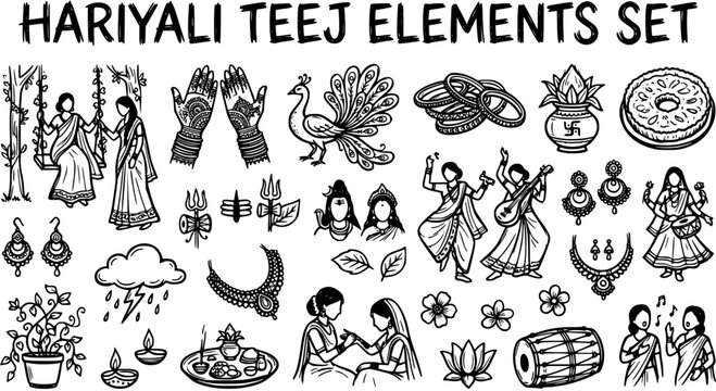 Hariyali Teej Festival Elements Set. Hand-drawn Black  White Line Art Icons for Indian Culture, Hindu Celebration, Monsoon Festivities  Traditional Lifestyle.