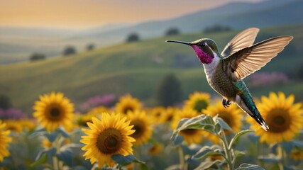 Fototapeta premium Colorful hummingbird hovering over vibrant sunflowers in a picturesque landscape at sunset