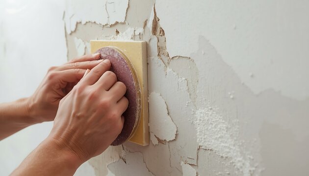 Closeup of a person sanding a damaged wall with peeling paint using a sanding block