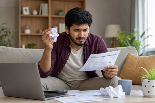 Frustrated man sits with papers and a crumpled ball of paper, looking worried at his laptop and bills.