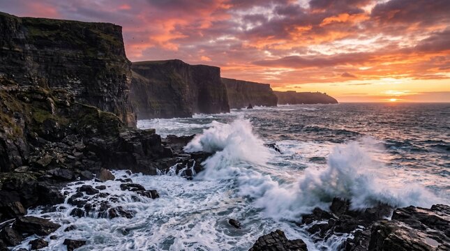 Ocean waves crashing against rocky coastline.