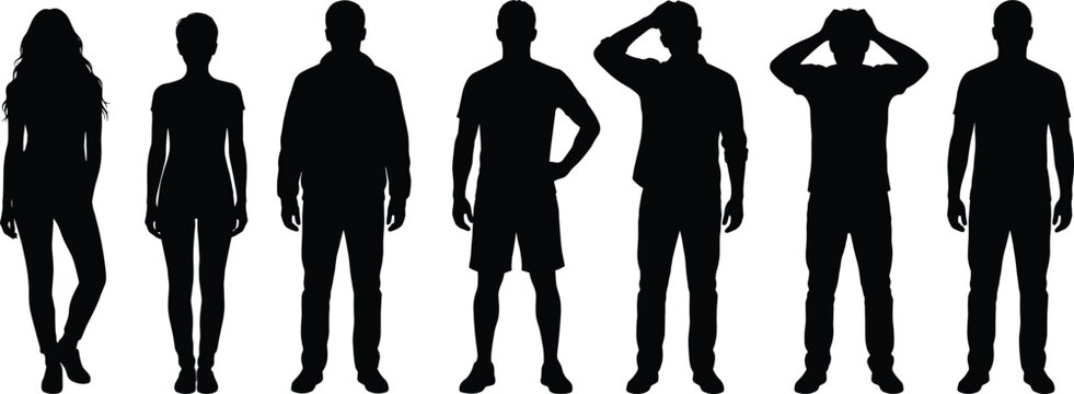 Collection of Human Silhouettes with Men and Women Standing in Casual Poses Isolated on Gray Background.
