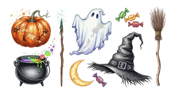 whimsical halloween illustration of witchs cauldron pumpkin ghost hat broom and candies