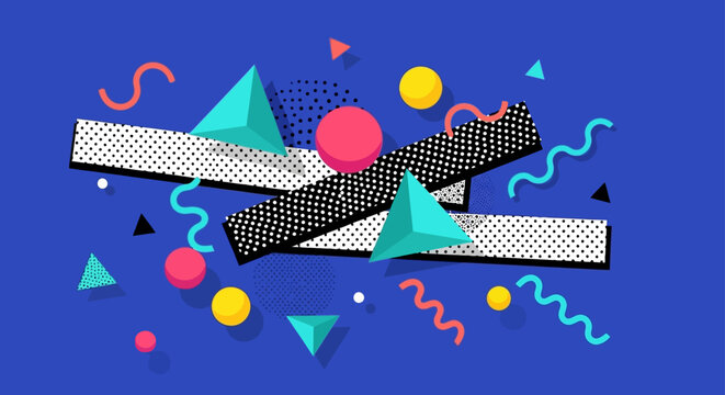 memphis style abstract geometric shapes and colorful design creating a dynamic retro 80s and 90s aesthetic background.