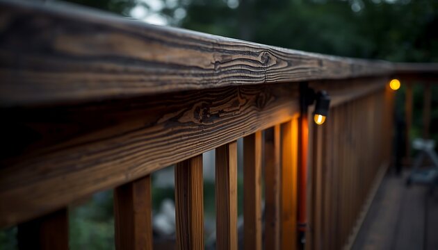 Closeup of a wooden deck railing with warm glowing lights at dusk
