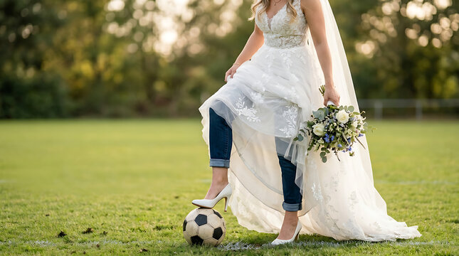 Bride in wedding dress and jeans playfully kicking soccer ball on field with bouquet
