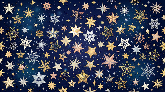 Glittering starry night sky background, gold and silver stars, dark blue cosmos texture, festive celestial pattern
